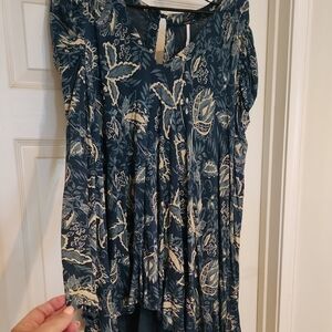 Free People Teal and Cream Long Sleeve Patterned Mini Dress🦚